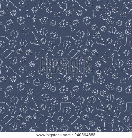 Seamless Vector Pattern With Cosmos Doodle Illustrations. Astrology Handdrawn Elements.