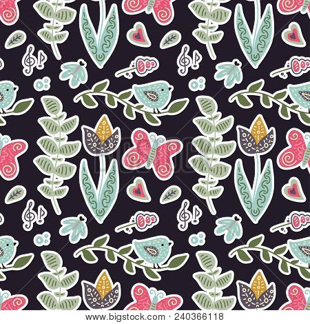 Seamless Spring Vector Pattern With Birrds, Butterflies, Tulips, And Hearts