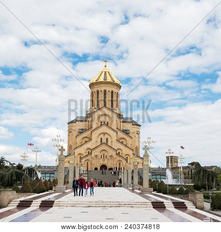 Tsmind Sameba Cathedral In Tbilisi - 22 April: Tourists Visiting Tsmind Sameba Cathedral In Tbilisi.