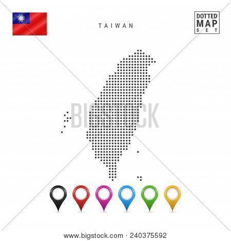 Dotted Map Of Taiwan. Simple Silhouette Of Taiwan. The National Flag Of Taiwan. Set Of Multicolored 