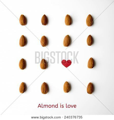 Nuts, Almond, Tasty And Healthy Food With Lots Of Vitamins. Almond Nuts Placed In Strick Order With 