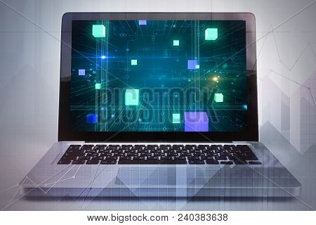 Close Up Of Laptop With Circuit On Screen. Computing Concept. Double Exposure