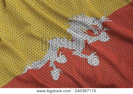 Bhutan Flag Printed On A Polyester Nylon Sportswear Mesh Fabric With Some Folds