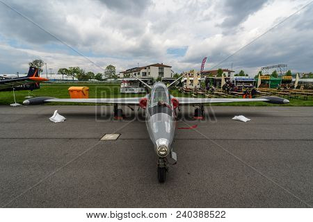 Berlin, Germany - April 25, 2018: Jet Trainer Fouga Cm.170 Magister On The Airfield. Exhibition Ila 