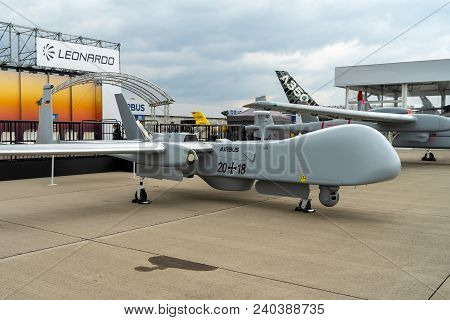 Berlin, Germany - April 25, 2018: Unmanned Aerial Vehicle Iai Heron (machatz-1). Exhibition Ila Berl