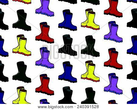 Seamless Pattern Autumn Boots. Background Of Multi-colored Boots. Rubber Autumn Boots For Fishing.