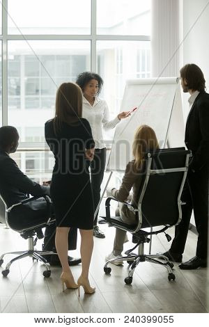 Black Female Team Leader Teaching Diverse Business People At Meeting, Multiracial Executive Group Li