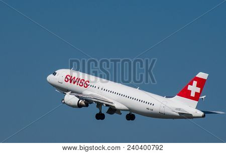 Berlin Germany - April 21. 2018: Swiss Airbus A320 Take Off From Berlin Tegel Airport