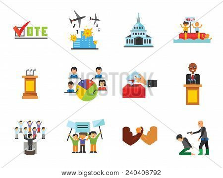 Politics Icon Set. Debates Politician Politics Leadership Vote White House Demonstration Election El