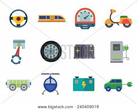 Vehicle Icons Set With Helicopter, Electrocart And Trolley Car. Thirteen Vector Icons