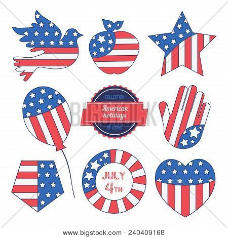 Happy American Holiday Icon Set. Colors Of Usa Flag. Craft Symbols For Greeting Card, Party Celebrat