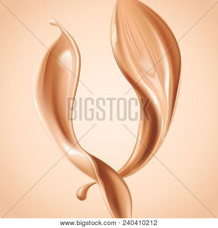 Liquid Foundation Elements. Splashing Beige Liquid, Flow Of Creamy Texture Isolated On Background. V