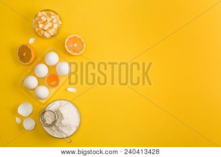 Baking Flat Lay Background With White Eggs, Eggshells, Yolk, A Cup Of 


Floor, A Cup Of Butter, Two