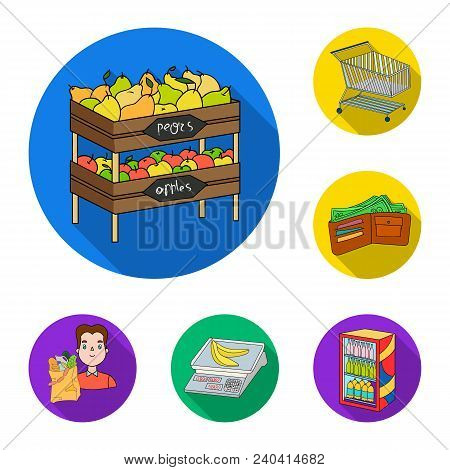 Supermarket And Equipment Flat Icons In Set Collection For Design. Purchase Of Products Vector Symbo