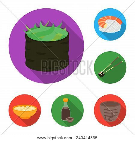 Sushi And Seasoning Flat Icons In Set Collection For Design. Seafood Food, Accessory Vector Symbol S