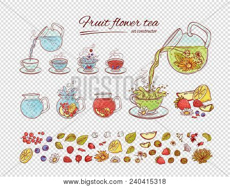 Vector Tea Constructor Flowers Fruits Brew Process. Make And Pour In Transparent Cup Hot Or Cold Aro