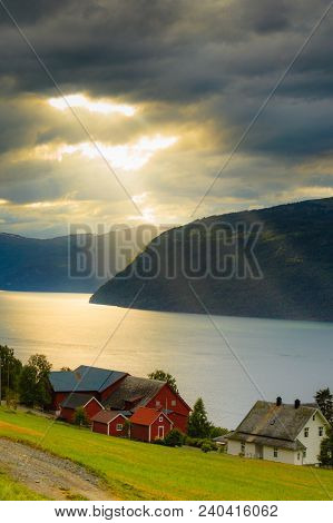 Tourism Vacation And Travel. Mountains Landscape Near Utvik On The Nordfjord In Sogn Og Fjordane Cou