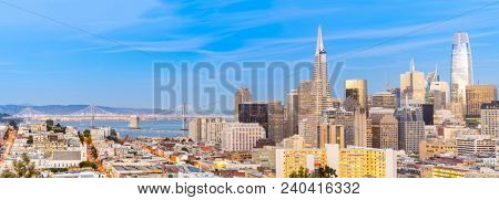 San Francisco downtown skyline Aerial view at sunset from Ina Coolbrith Park Hill in San Francisco, California, USA.