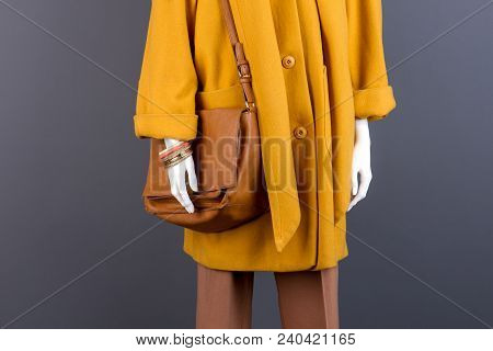 Female Fashion Leather Handbag Of Brown Color. Female Mannequin Dressed In Modern Cashmere Topcoat. 