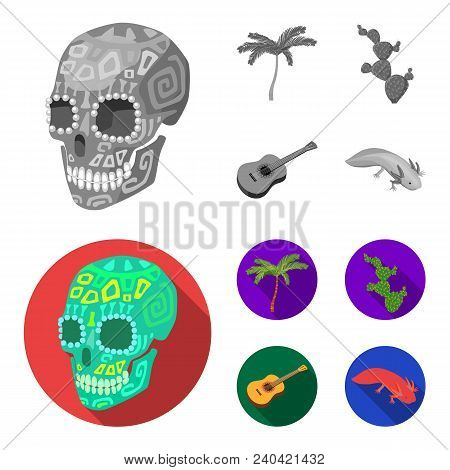 Green Skull With A Picture, A Palm Tree, A Guitar, A National Mexican Instrument, A Cactus With Spin