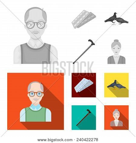 Elderly Men, Tablets, Pigeons, Walking Cane.old Age Set Collection Icons In Monochrome, Flat Style V