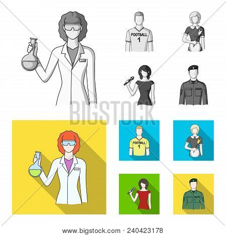 Woman Chemist, Football Player, Hotel Maid, Singer, Presenter.profession Set Collection Icons In Mon