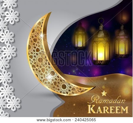 Ramadan Greetings Gold Moon On A Dark Background With Paper Ornament And Maroccan Lanterns