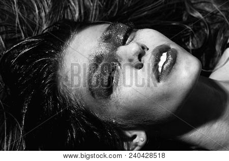 Pretty Girl Or Fashion Woman With Holiday, Golden Glitter Makeup, Sparkling Eye Shadow, Rosy Lips, M