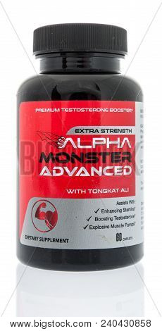 Winneconne, Wi -  21 April 2018: A Bottle Of Alpha Monster Advanced Testosterone Booster Supplement 