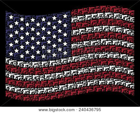 Pistol Gun Pictograms Are Arranged Into Waving United States Flag Stylization On A Dark Background. 