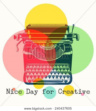 Mono Colors Retro Poster With Typewriter. Antique Office Typewriter In Vintage Drawing Style, Creati