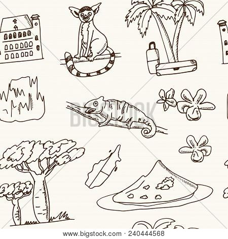 Madagascar Hand Drawn Doodle Seamless Pattern. Sketches. Vector Illustration For Design And Packages