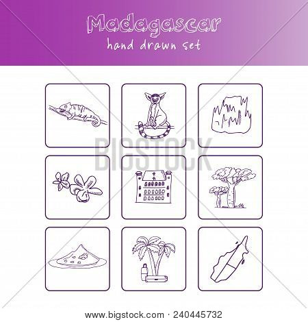 Madagascar Hand Drawn Doodle Set. Sketches. Vector Illustration For Design And Packages Product. Sym