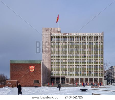 Norway Narvik 21.3.2015 Municipality Council Building On A Snowy Winter Day