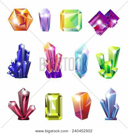 Shiny Precious Natural Crystals Of All Shapes Set. Uncut Expensive Stones In Natural Form Of Bright 