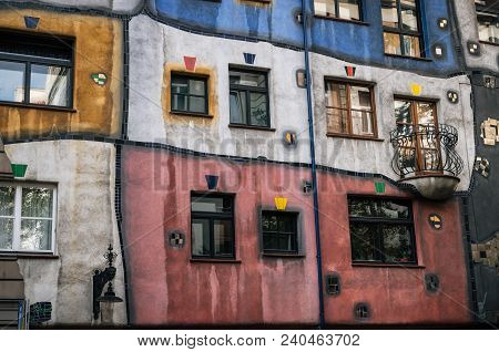Vienna, Austria - 01 October, 2017: The View Of Facade Of Hundertwasser House With Multicolored Wall
