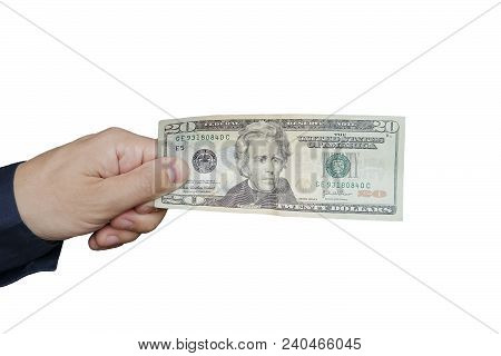 A Hand Holding 20 Dollar Bills. Studio Isolated On A White Background With An Accurate Clipping Path
