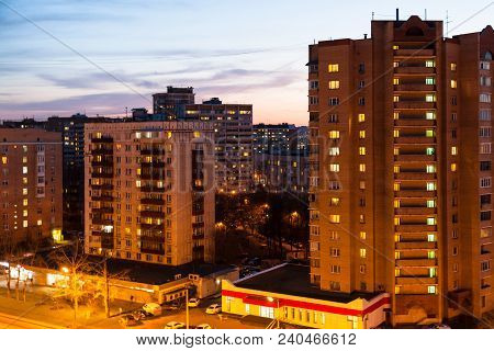 Residential Houses Along Street In Spring Night (bolhaya Akademicheskaya Street In Koptevo District 