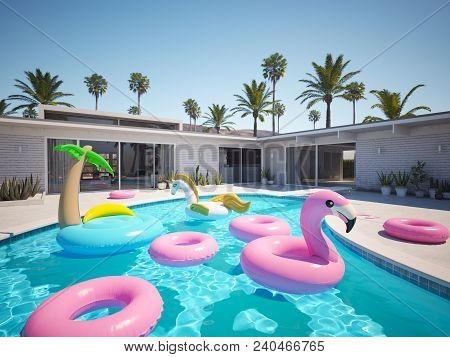 A Lot Of Different Floats In A Pool. 3d Rendering