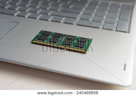 Ddr3 Sodimm Ram Memory Card Module In Black Laptop Closeup. Upgrade Ultrabook