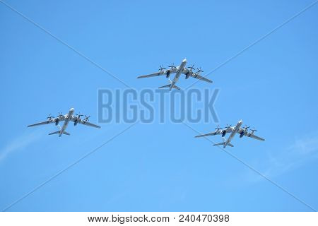 Moscow, Russia - May 9, 2018: Three Russian Military Turboprop Strategic Bombers-missile Tu-95 Bear 