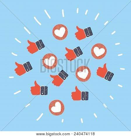 Vector Cartoon Illustration Of Thumbs Up And Down, Heart Signs On Colorful Round Vector Icons. Simpl
