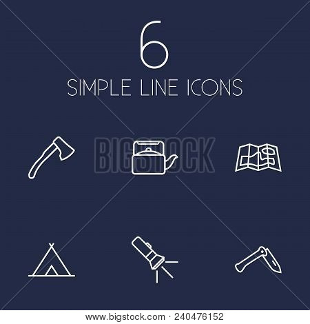 Set Of 6 Outdoor Icons Line Style Set. Collection Of Tent, Jackknife, Wood Axe And Other Elements.