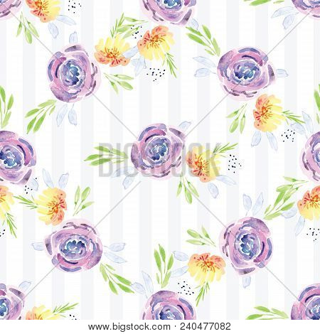 Hand-painted Watercolor Floral Rose Pattern. Illustration Of Decorative Floral Design For Wedding In