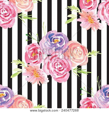 Hand-painted Watercolor Floral Rose Pattern. Illustration Of Decorative Floral Design For Wedding In