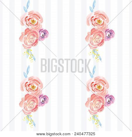 Hand-painted Watercolor Floral Rose Pattern. Illustration Of Decorative Floral Design For Wedding In