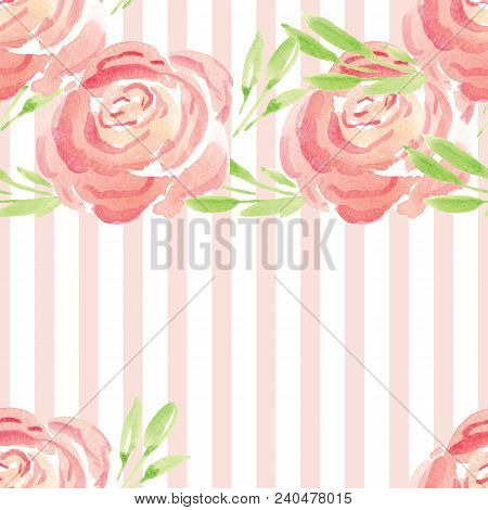 Hand-painted Watercolor Floral Rose Pattern. Illustration Of Decorative Floral Design For Wedding In