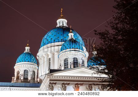 Night View Domes With Stars Of The Troitsky Cathedral In Saint-petersburg