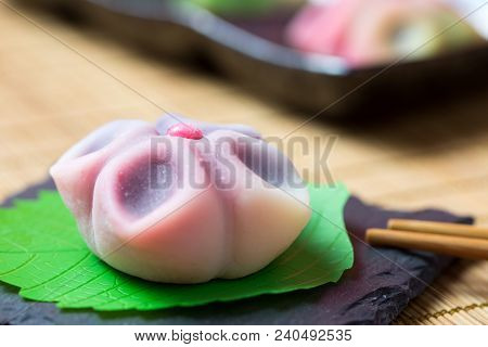 Japanese Traditional Confectionery Cake Wagashi Served On Plate