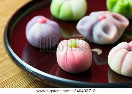 Japanese Traditional Confectionery Cake Wagashi Served On Plate